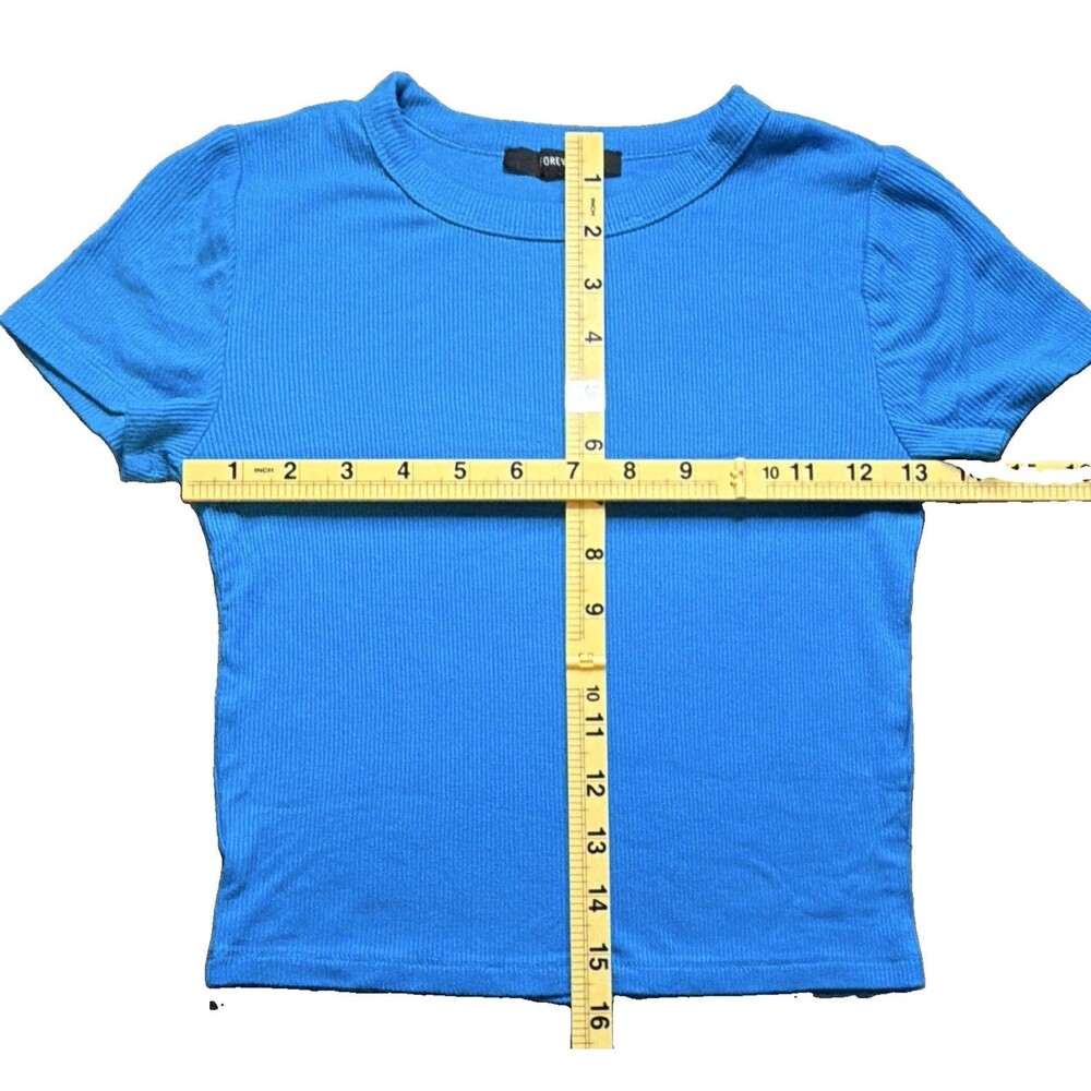 FOREVER 21 T-shirt Women S Blue Knit Cotton Crew Neck Short Sleeve cropped basic